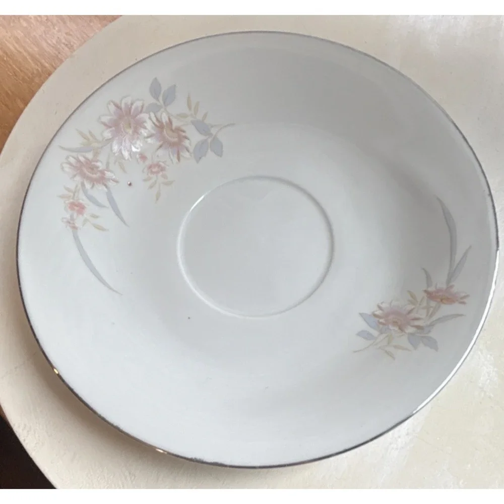 Porcelain Floral Painted Cup & Saucer Set White Pink Gray Two-Piece VTG